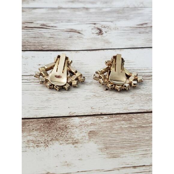 Vintage Clip On Earrings Orange & Amber Tone Gems Fan Shape Statement Earrings - Picture 3 of 4